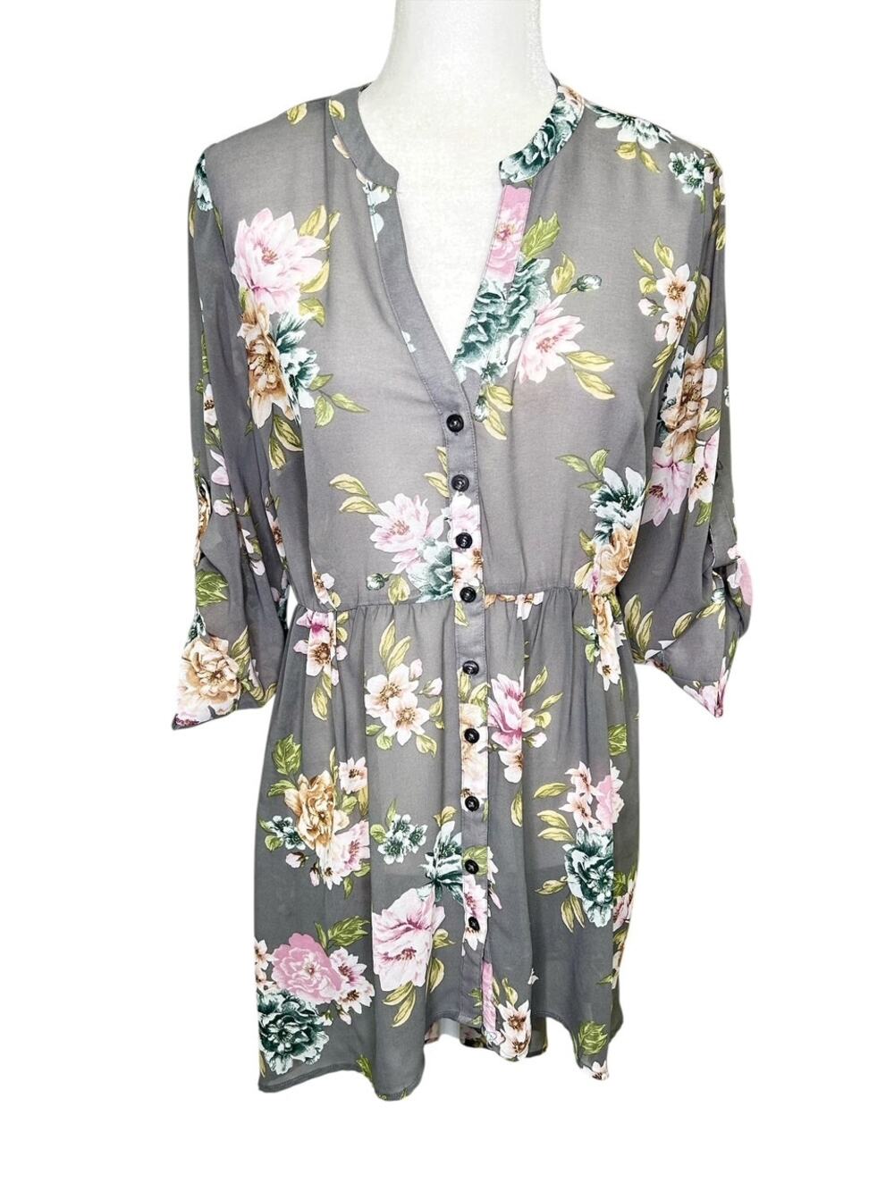 Torrid Lexie Gray Floral Semi Sheer Chiffon Babydoll Tunic Blouse Hi-Lo Dress